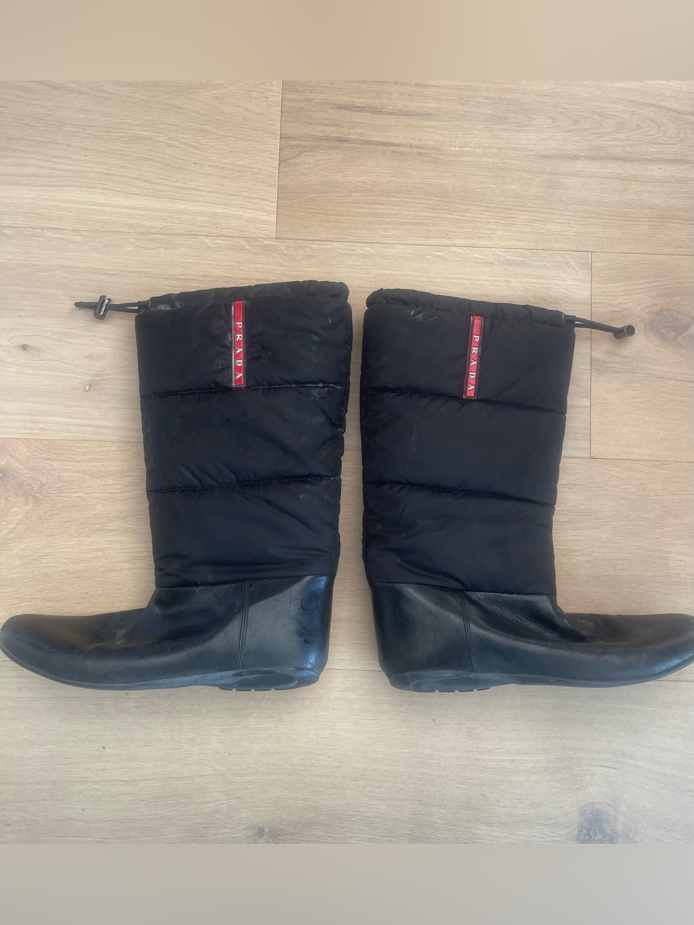 Prada Black Nylon Puffer Boots with Red Logo Tabs